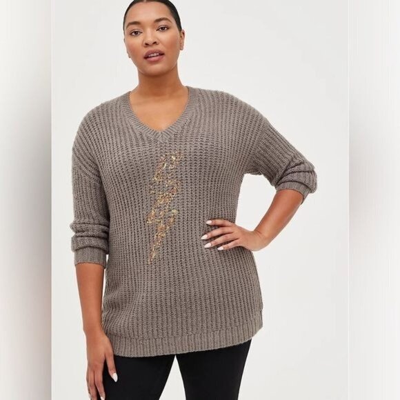 NWT Torrid Size 1X Gray Lightning Bolt Slouchy Tunic Chunky Knit Sweater $76 - Picture 1 of 12